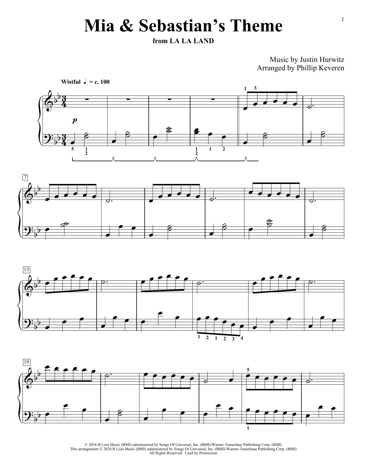 Justin Hurwitz Mia & Sebastian's Theme (from La La Land) (arr. Phillip Keveren) sheet music notes and chords arranged for Piano Solo