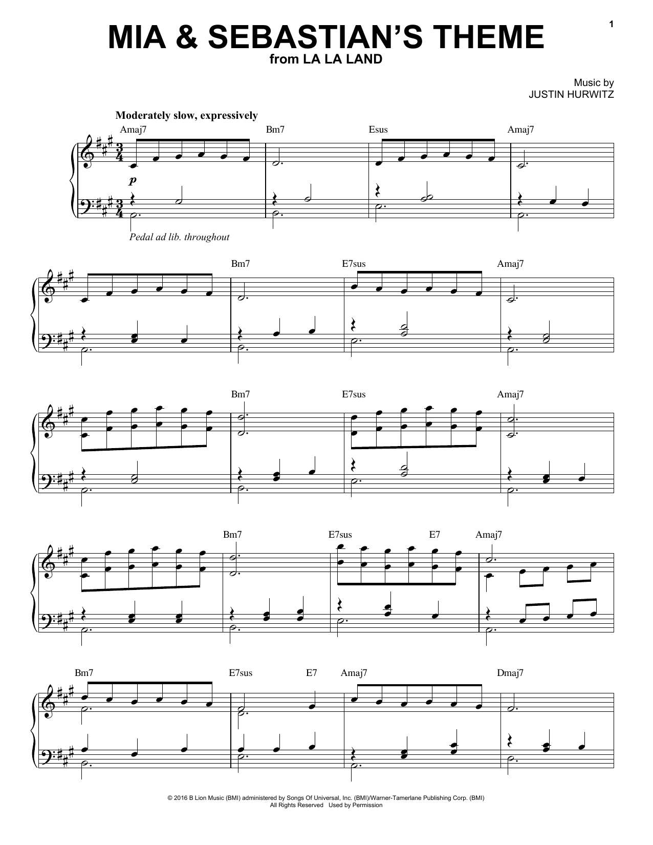 Justin Hurwitz Mia And Sebastian's Theme (from La La Land) sheet music notes and chords arranged for Piano Solo
