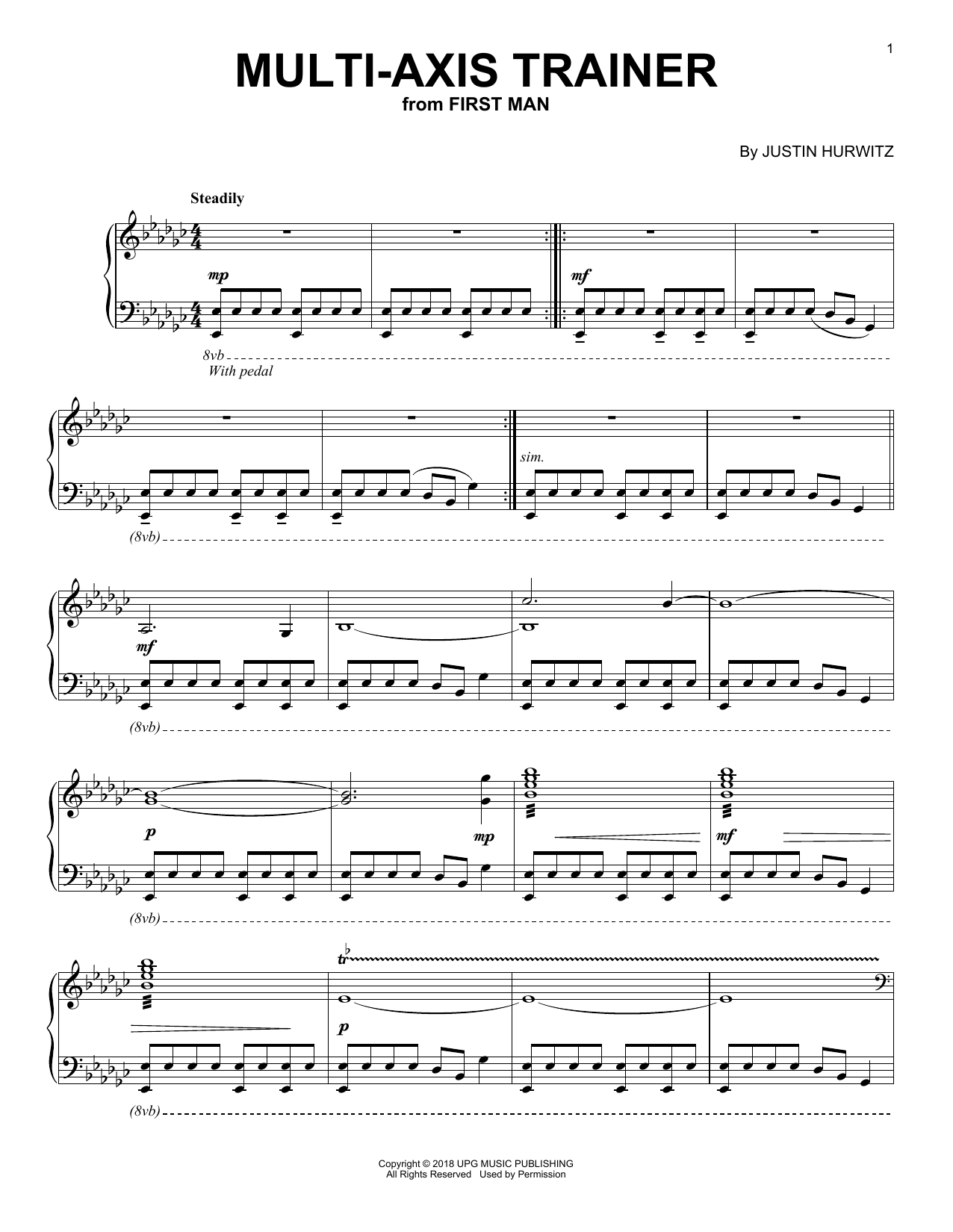 Justin Hurwitz Multi-Axis Trainer (from First Man) sheet music notes and chords arranged for Piano Solo