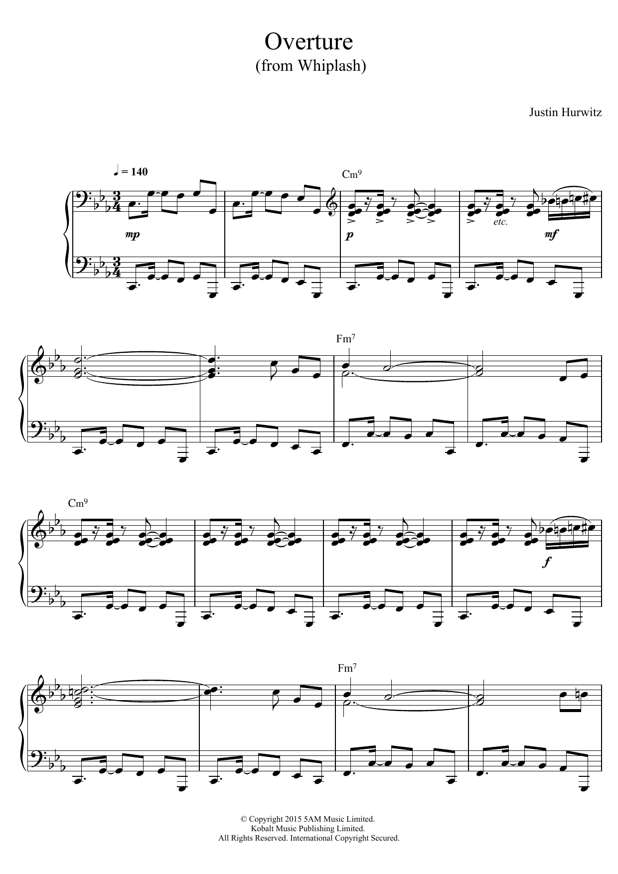Justin Hurwitz Overture (from Whiplash) sheet music notes and chords arranged for Piano Solo