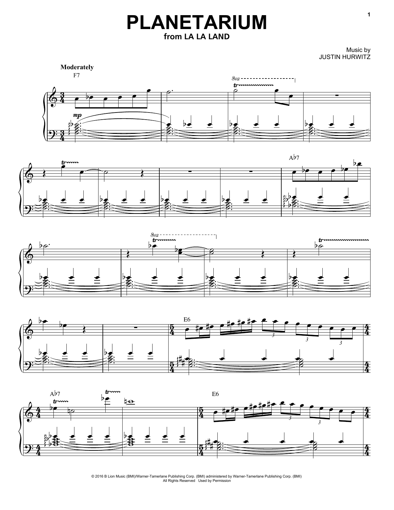 Justin Hurwitz Planetarium sheet music notes and chords arranged for Piano Solo