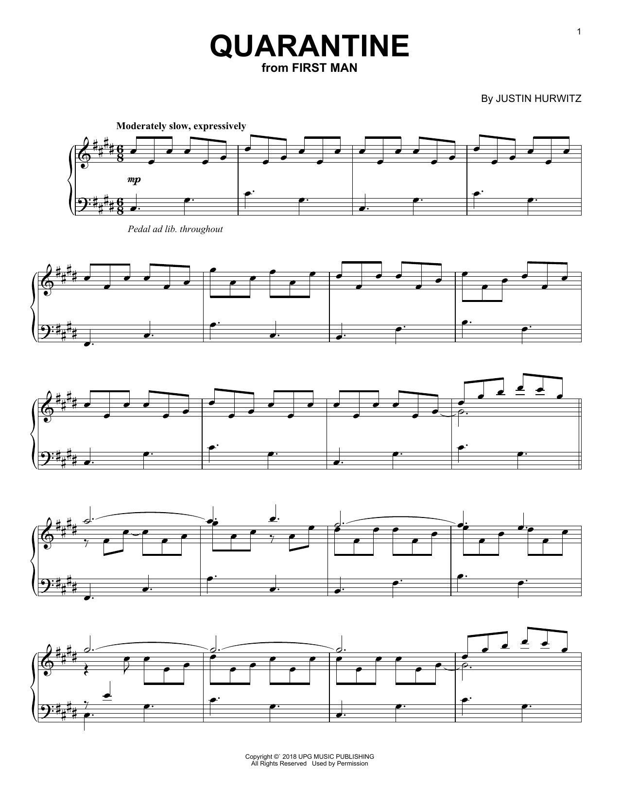 Justin Hurwitz Quarantine (from First Man) sheet music notes and chords arranged for Piano Solo