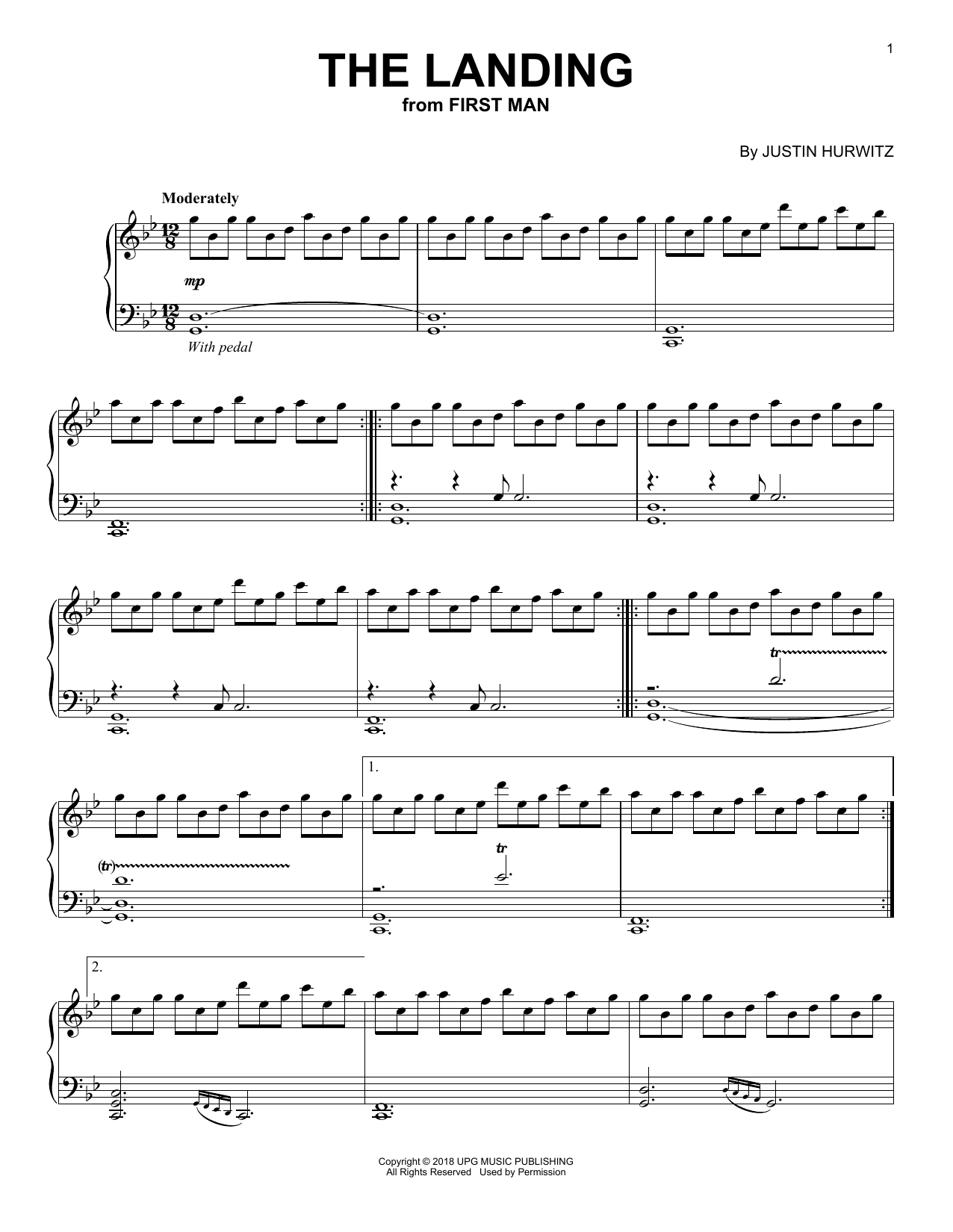 Justin Hurwitz The Landing (from First Man) sheet music notes and chords arranged for Piano Solo