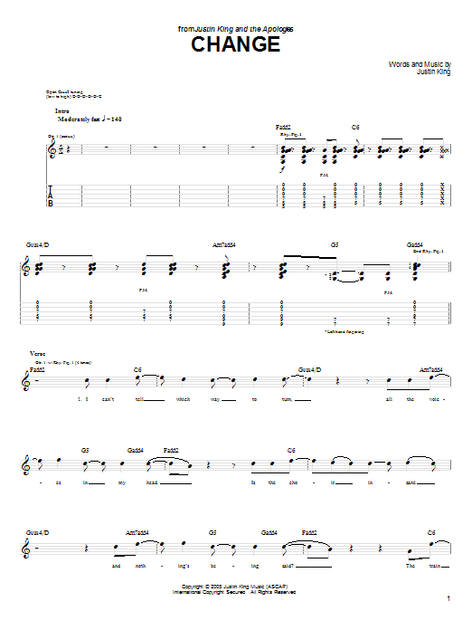 Justin King Change sheet music notes and chords arranged for Guitar Tab