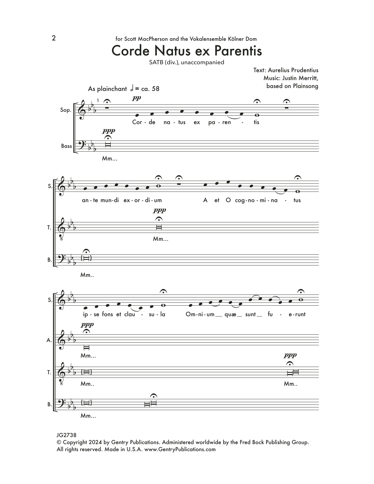 Justin Merritt Corde Natus Ex Parentis sheet music notes and chords arranged for SATB Choir