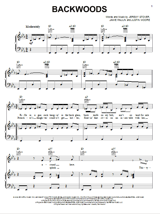 Justin Moore Backwoods sheet music notes and chords arranged for Piano, Vocal & Guitar Chords (Right-Hand Melody)
