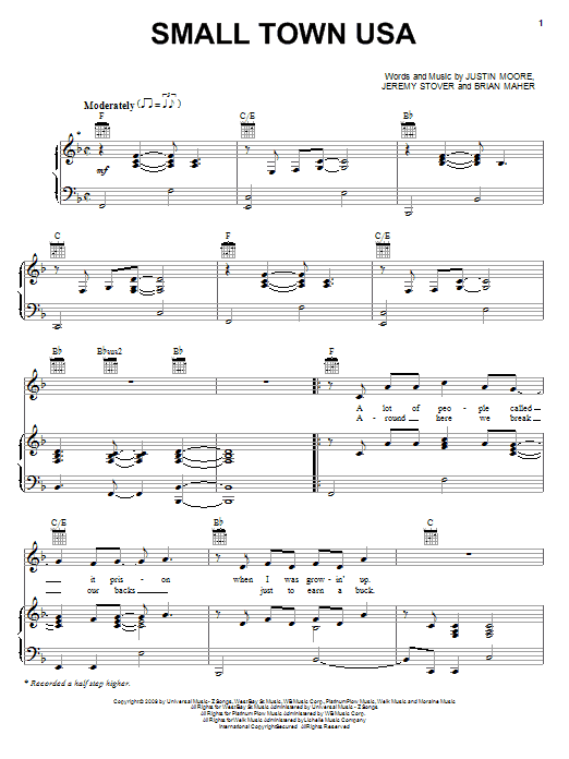 Justin Moore Small Town USA sheet music notes and chords arranged for Piano, Vocal & Guitar Chords (Right-Hand Melody)