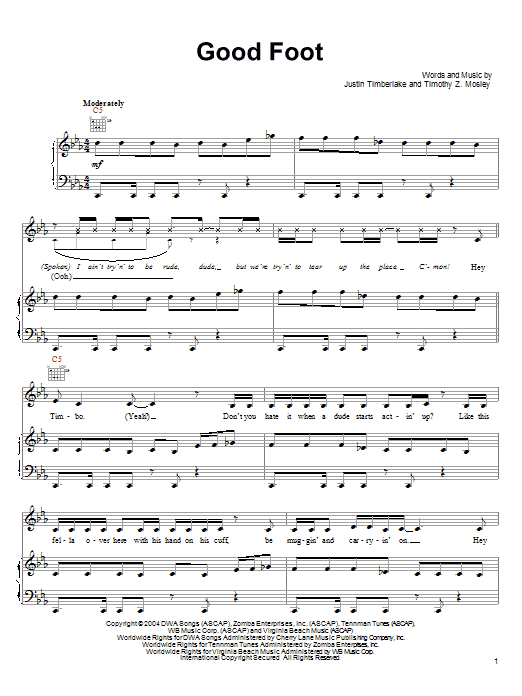 Justin Timberlake and Timbaland Good Foot sheet music notes and chords arranged for Piano, Vocal & Guitar Chords (Right-Hand Melody)