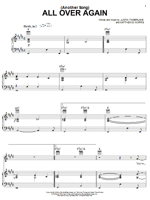 Justin Timberlake (Another Song) All Over Again sheet music notes and chords arranged for Piano, Vocal & Guitar Chords (Right-Hand Melody)