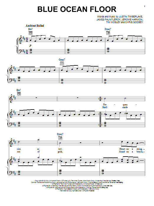 Justin Timberlake Blue Ocean Floor sheet music notes and chords arranged for Piano, Vocal & Guitar Chords (Right-Hand Melody)