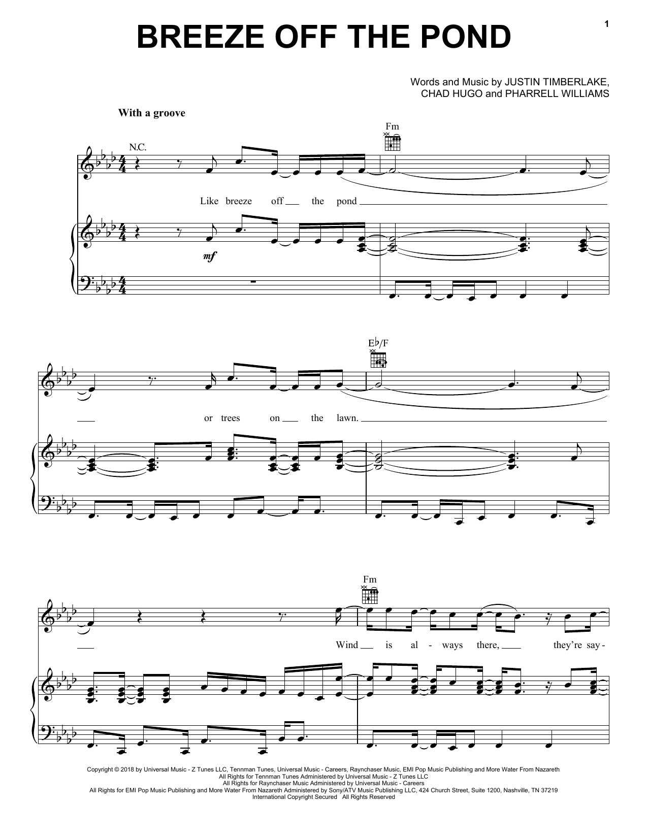 Justin Timberlake Breeze Off The Pond sheet music notes and chords arranged for Piano, Vocal & Guitar Chords (Right-Hand Melody)
