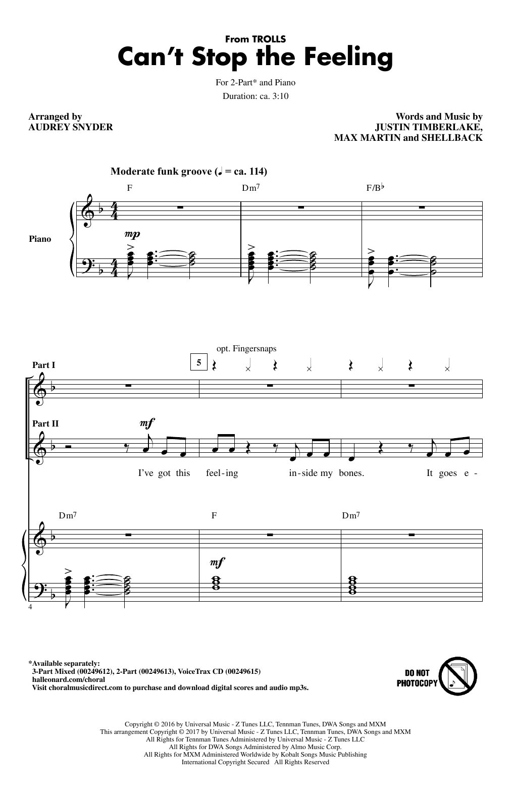 Justin Timberlake Can't Stop The Feeling (from Trolls) (arr. Audrey Snyder) sheet music notes and chords arranged for 3-Part Mixed Choir