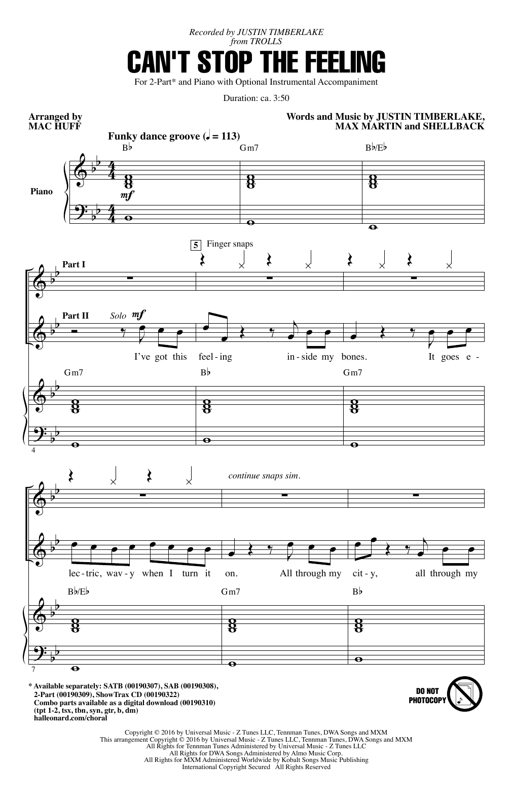 Justin Timberlake Can't Stop The Feeling (from Trolls) (arr. Mac Huff) sheet music notes and chords arranged for 2-Part Choir