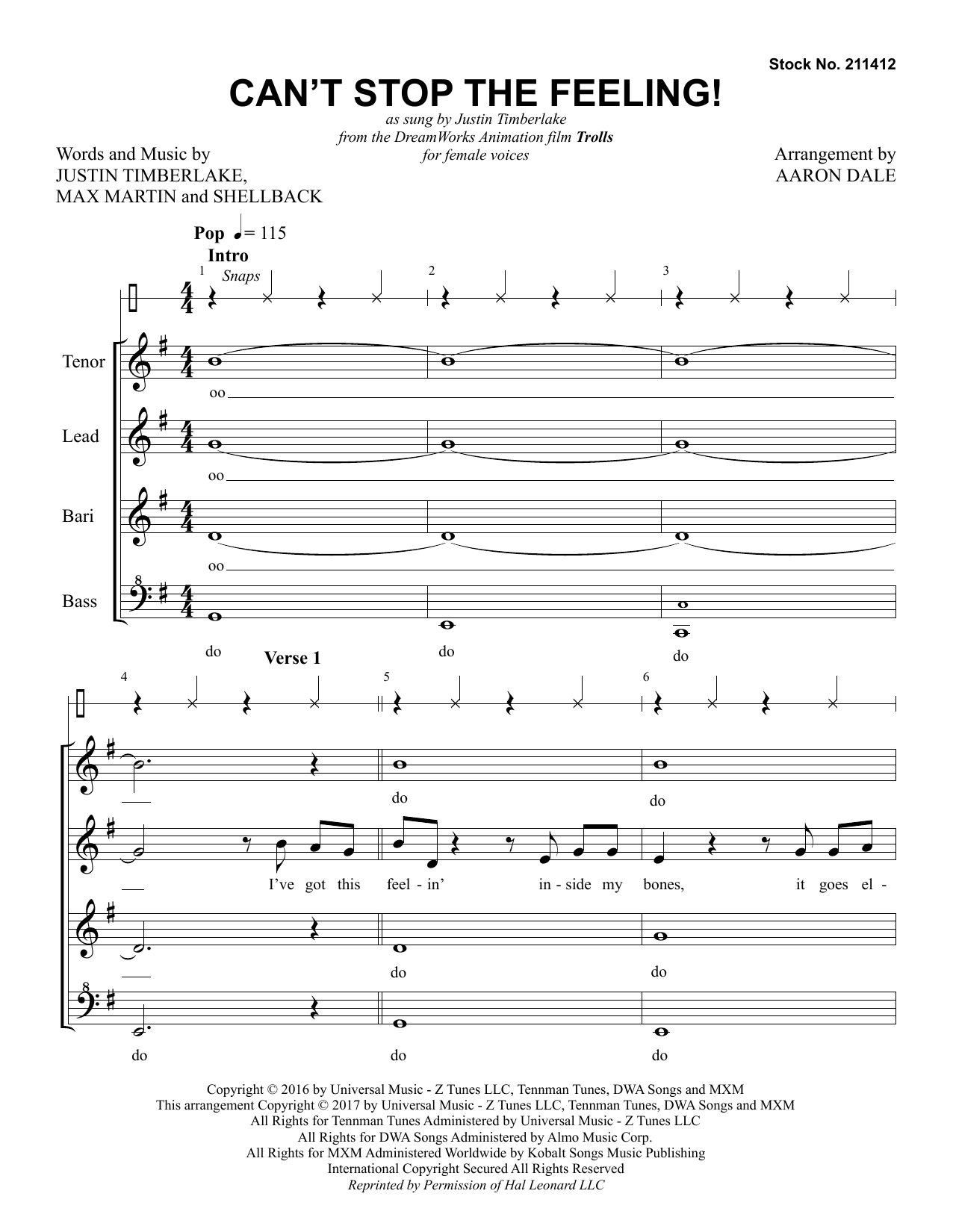 Justin Timberlake Can't Stop the Feeling! (arr. Aaron Dale) sheet music notes and chords arranged for SSAA Choir