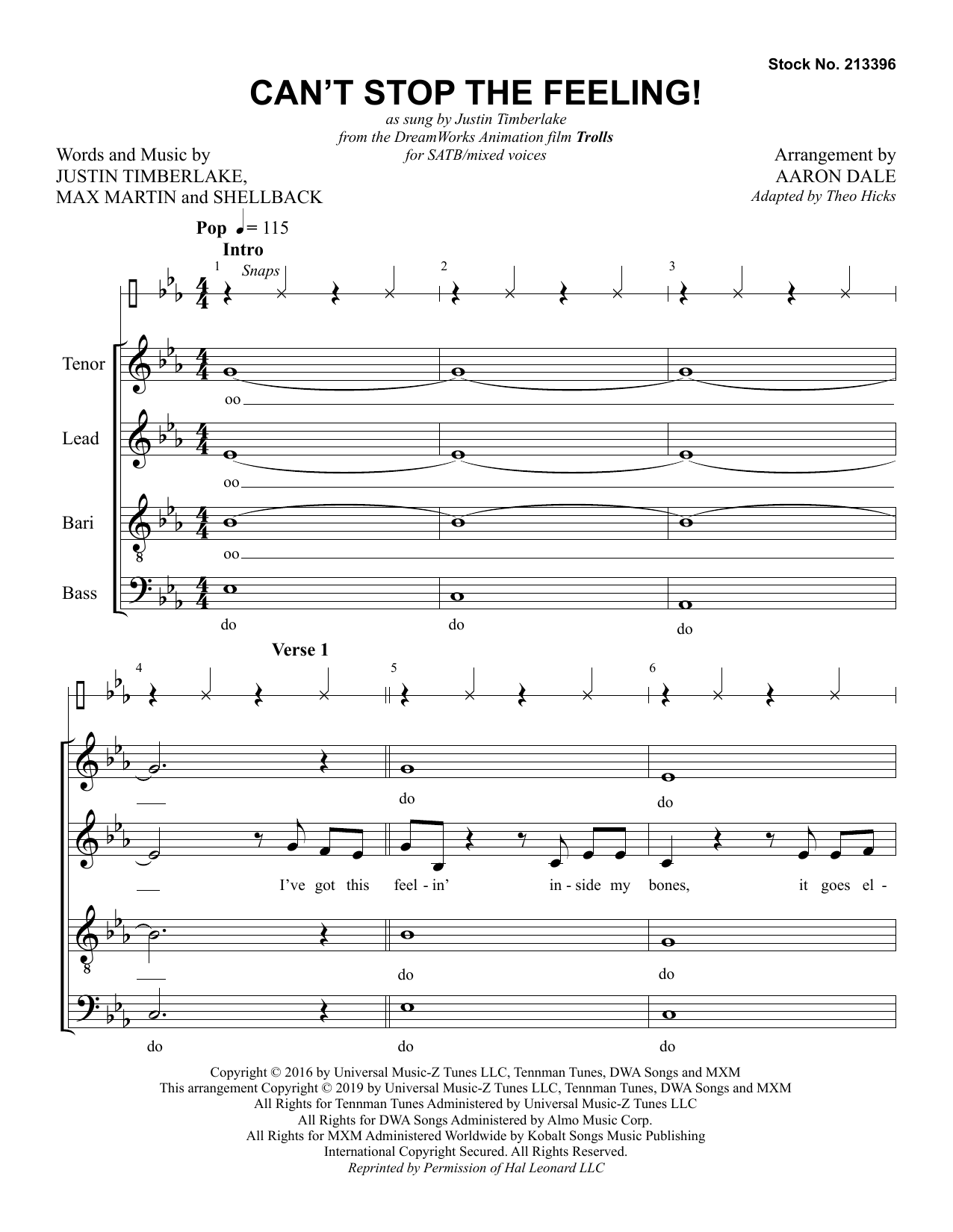 Justin Timberlake Can't Stop The Feeling! (from Trolls) (arr. Aaron Dale) sheet music notes and chords arranged for SATB Choir