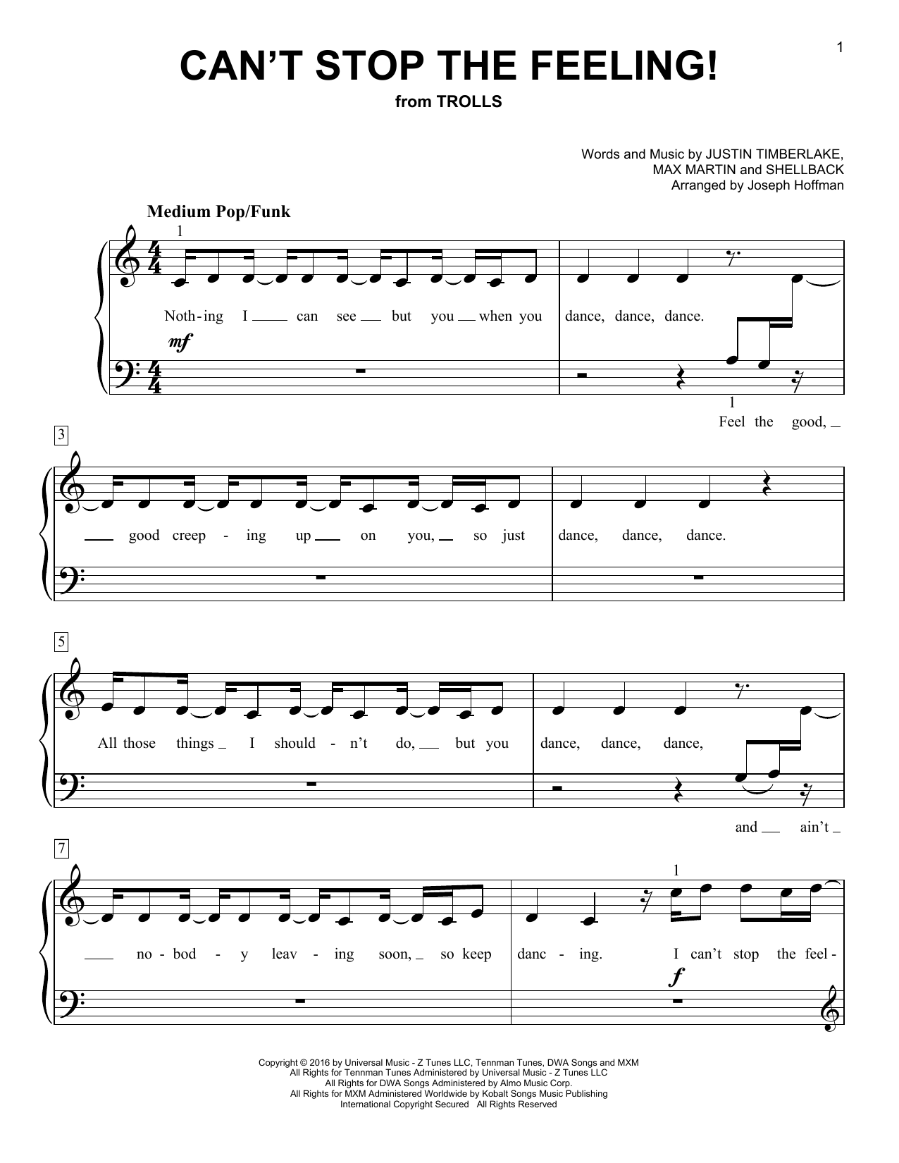 Justin Timberlake Can't Stop The Feeling! (from Trolls) (arr. Joseph Hoffman) sheet music notes and chords arranged for Easy Piano