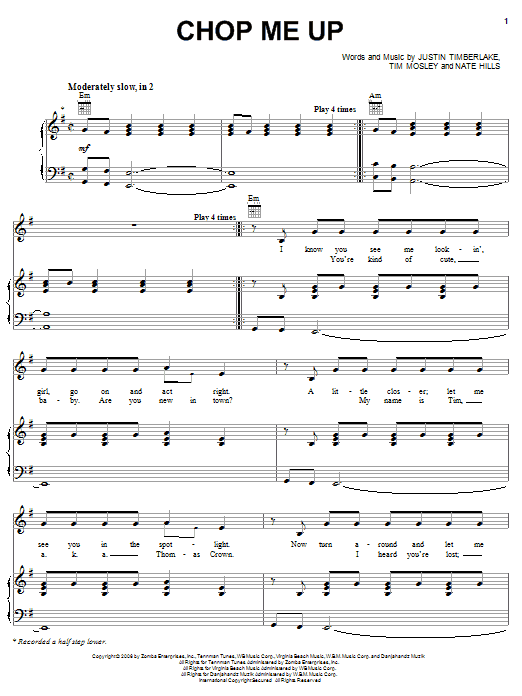 Justin Timberlake Chop Me Up sheet music notes and chords arranged for Piano, Vocal & Guitar Chords (Right-Hand Melody)