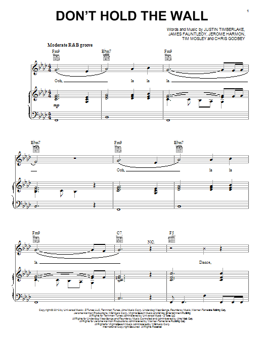Justin Timberlake Don't Hold The Wall sheet music notes and chords arranged for Piano, Vocal & Guitar Chords (Right-Hand Melody)