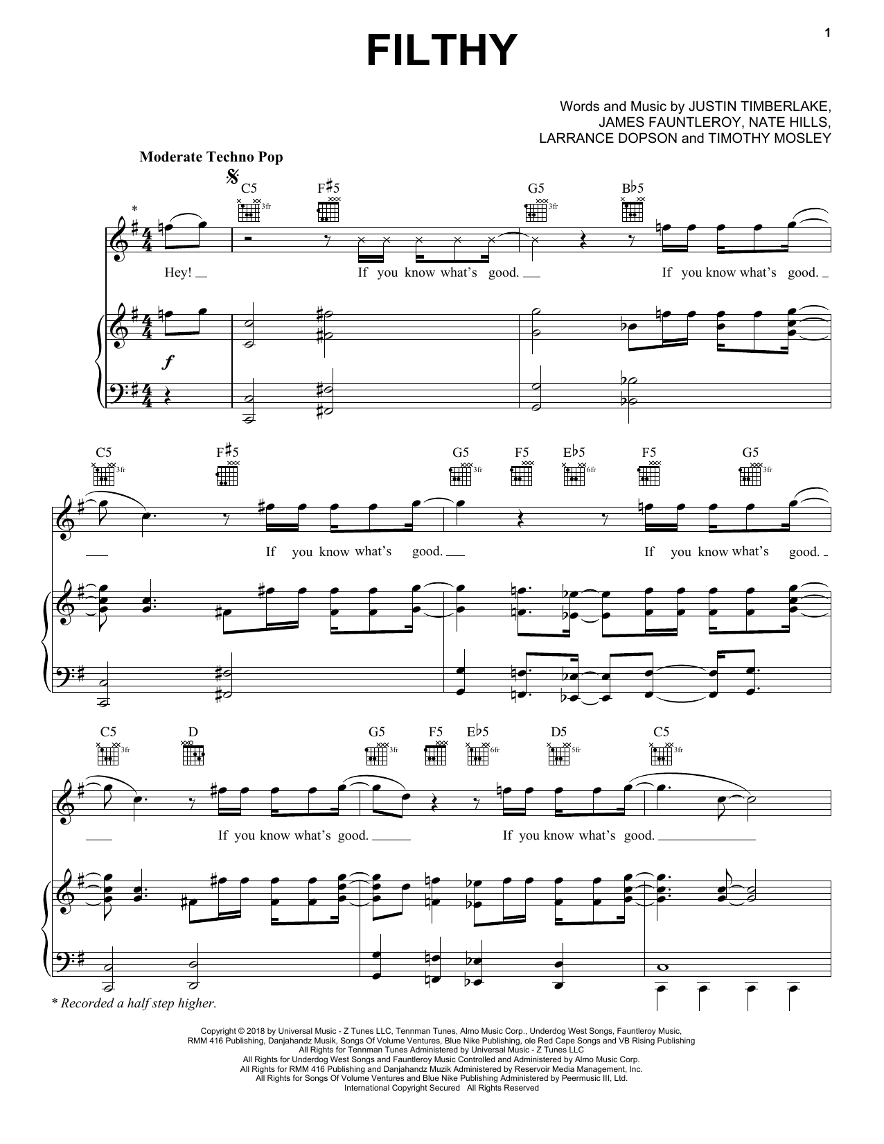 Justin Timberlake Filthy sheet music notes and chords arranged for Piano, Vocal & Guitar Chords (Right-Hand Melody)
