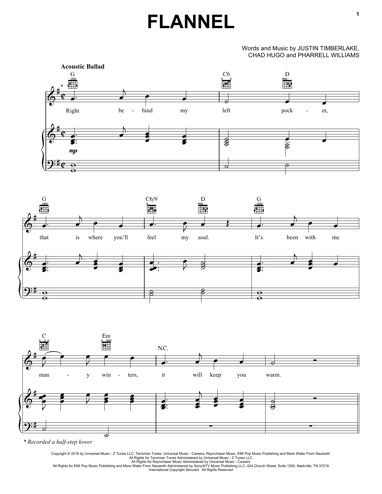Justin Timberlake Flannel sheet music notes and chords arranged for Piano, Vocal & Guitar Chords (Right-Hand Melody)