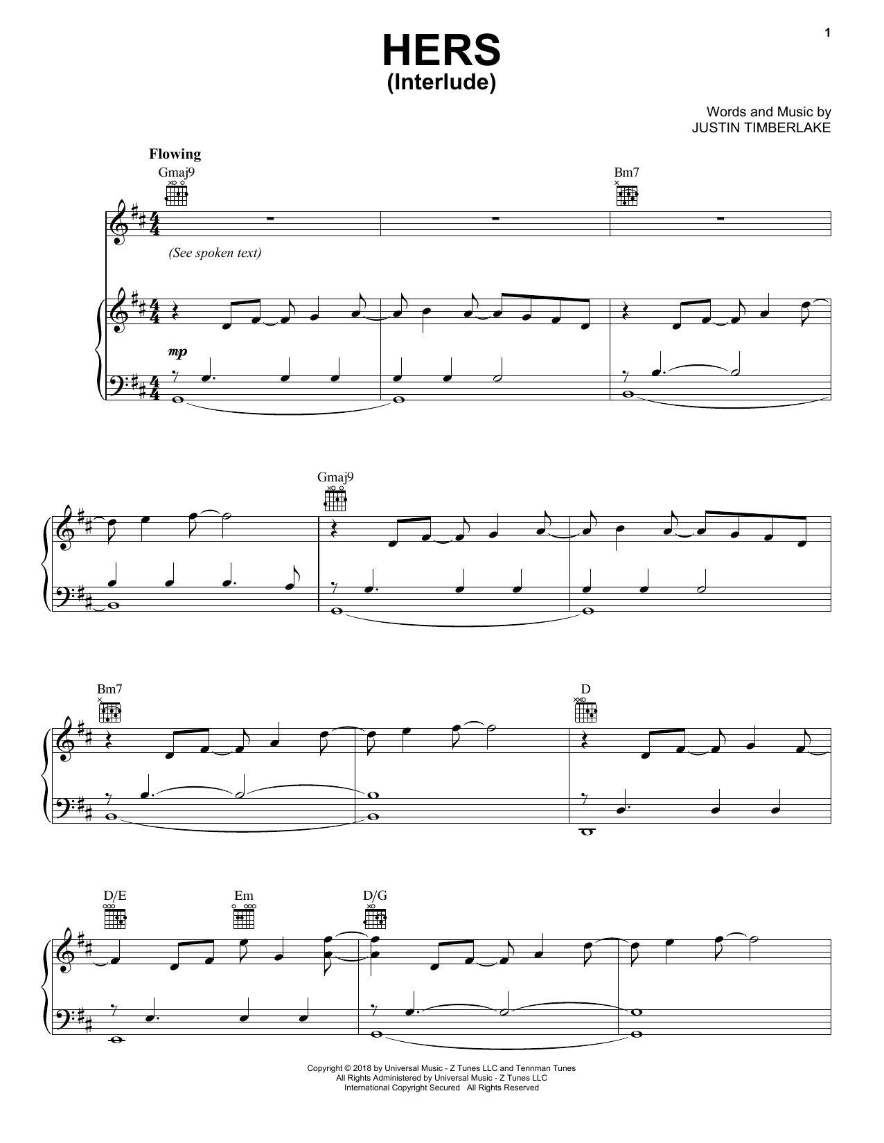 Justin Timberlake Hers sheet music notes and chords arranged for Piano, Vocal & Guitar Chords (Right-Hand Melody)