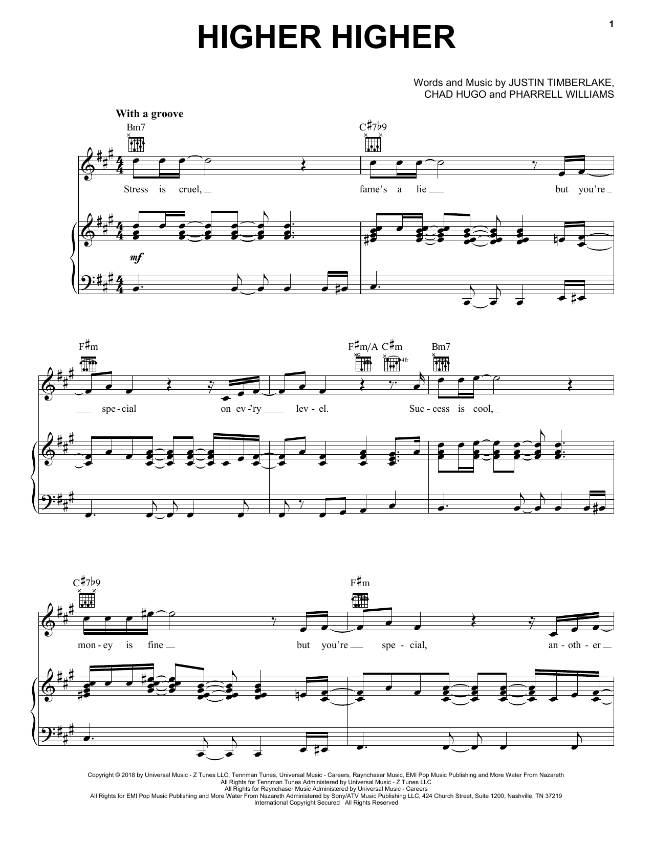 Justin Timberlake Higher Higher sheet music notes and chords arranged for Piano, Vocal & Guitar Chords (Right-Hand Melody)
