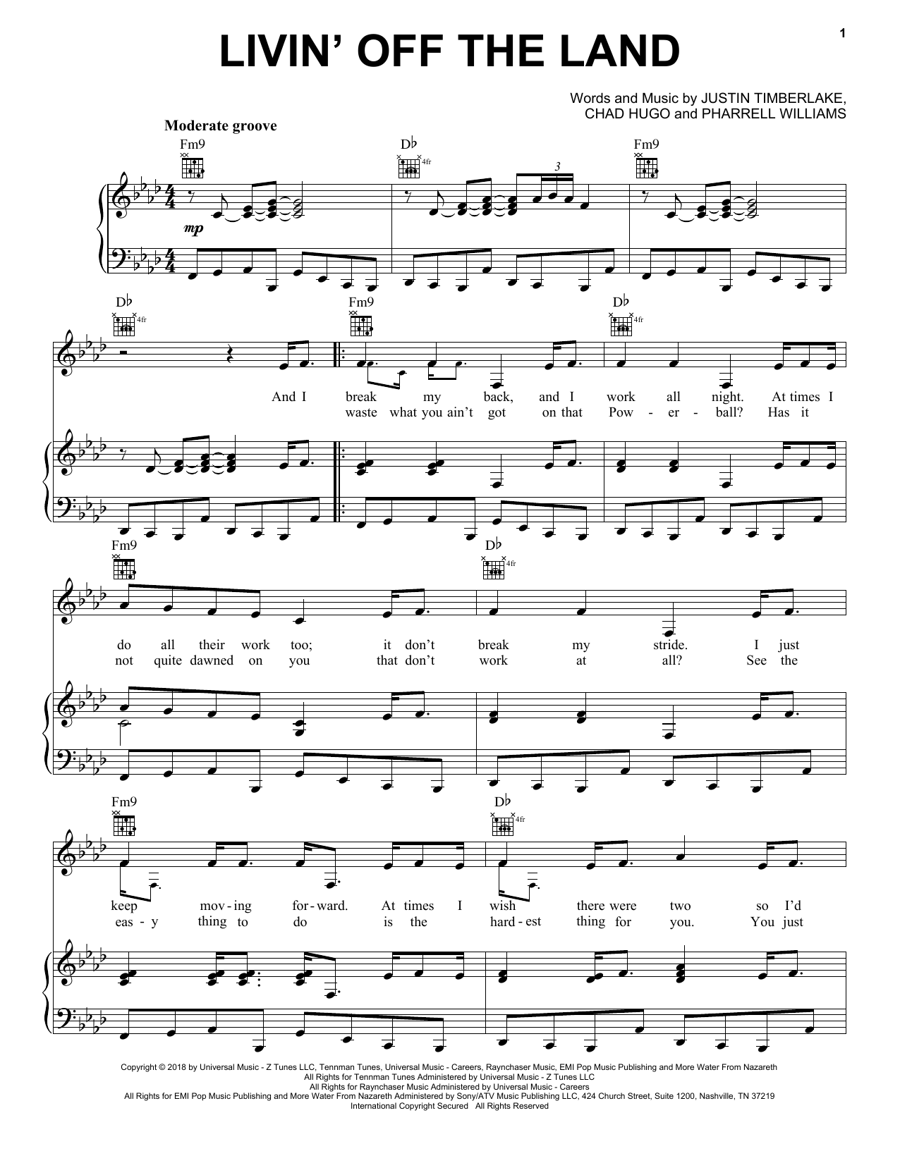 Justin Timberlake Livin' Off The Land sheet music notes and chords arranged for Piano, Vocal & Guitar Chords (Right-Hand Melody)