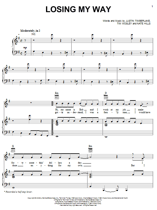 Justin Timberlake Losing My Way sheet music notes and chords arranged for Piano, Vocal & Guitar Chords (Right-Hand Melody)