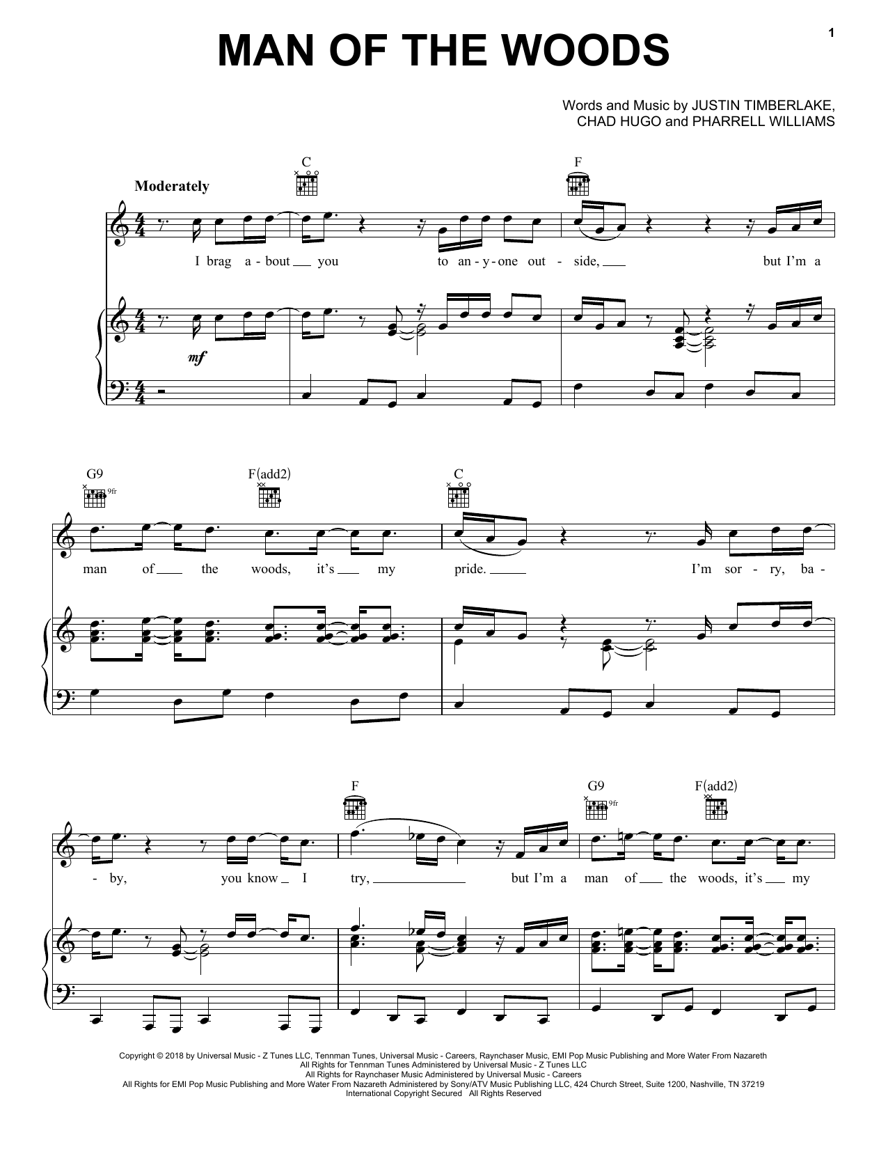 Justin Timberlake Man Of The Woods sheet music notes and chords arranged for Piano, Vocal & Guitar Chords (Right-Hand Melody)