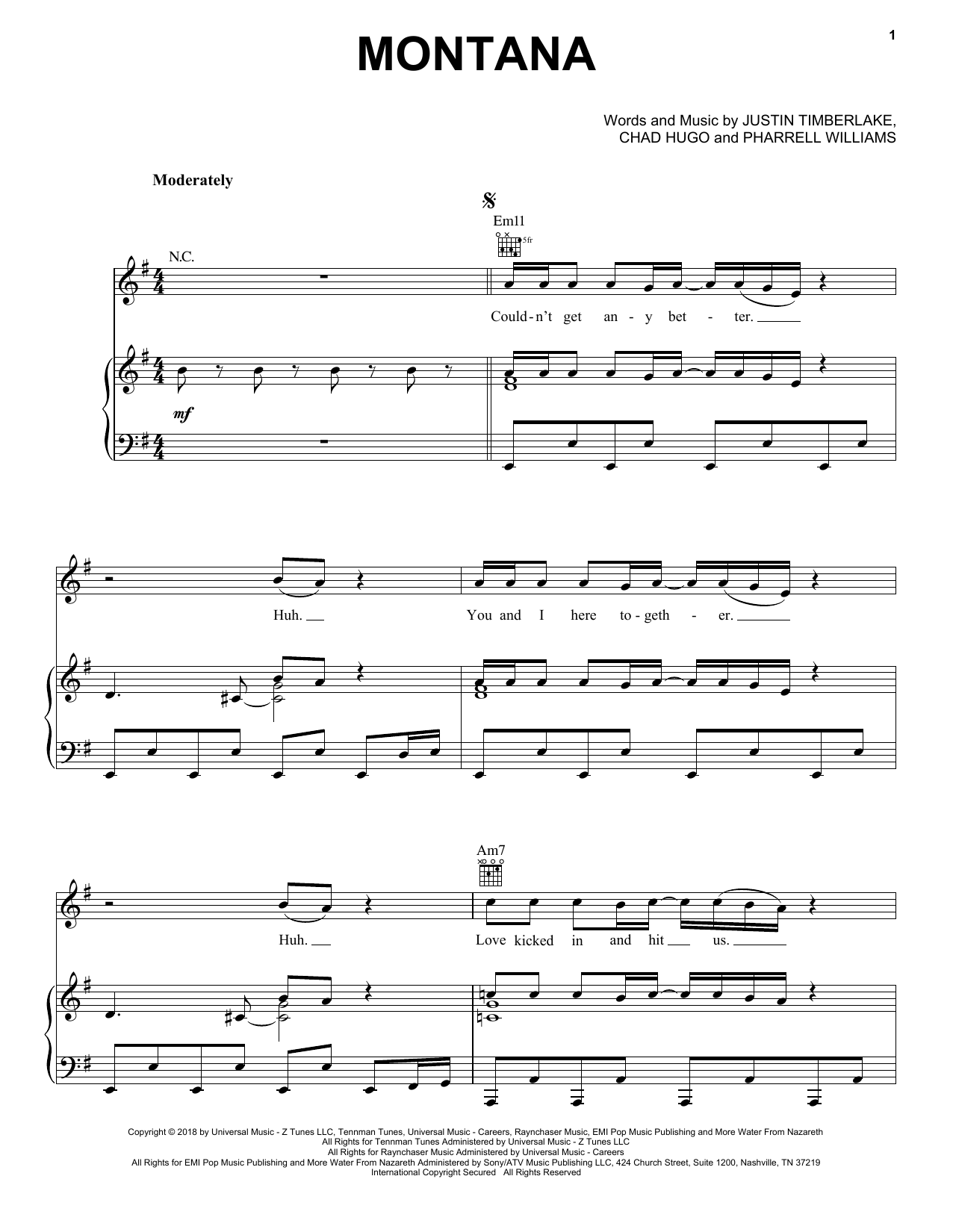 Justin Timberlake Montana sheet music notes and chords arranged for Piano, Vocal & Guitar Chords (Right-Hand Melody)