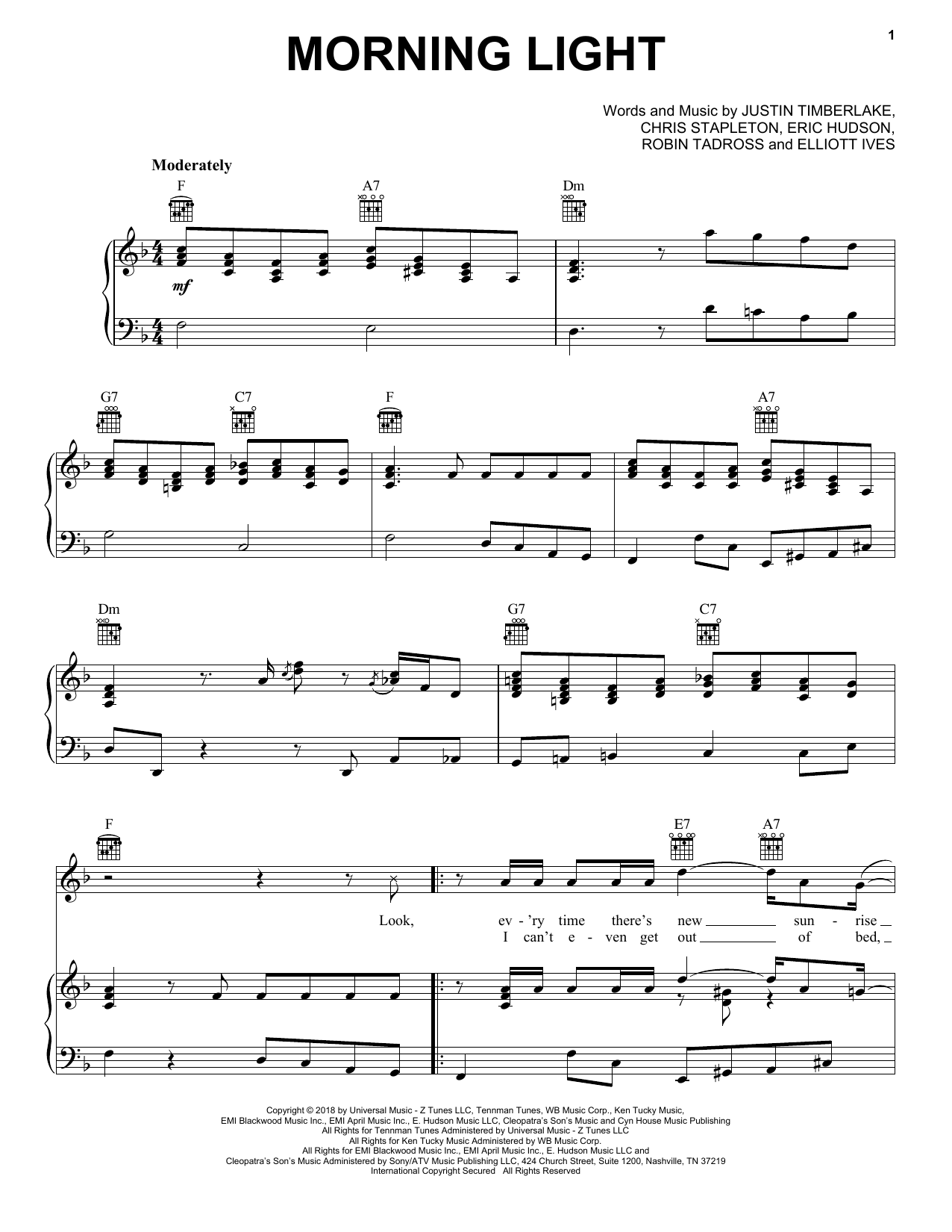 Justin Timberlake Morning Light sheet music notes and chords arranged for Piano, Vocal & Guitar Chords (Right-Hand Melody)