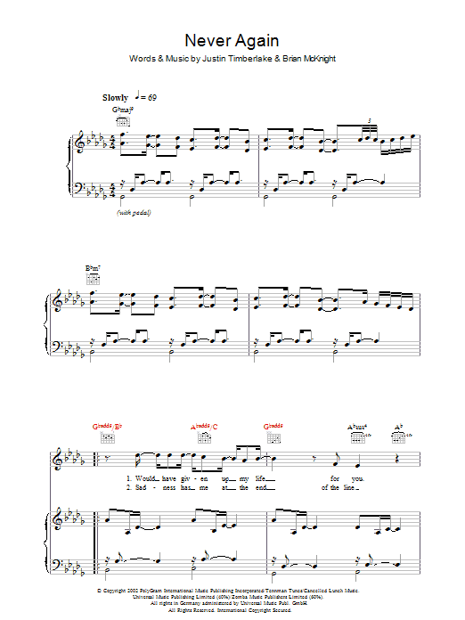 Justin Timberlake Never Again sheet music notes and chords arranged for Piano, Vocal & Guitar Chords