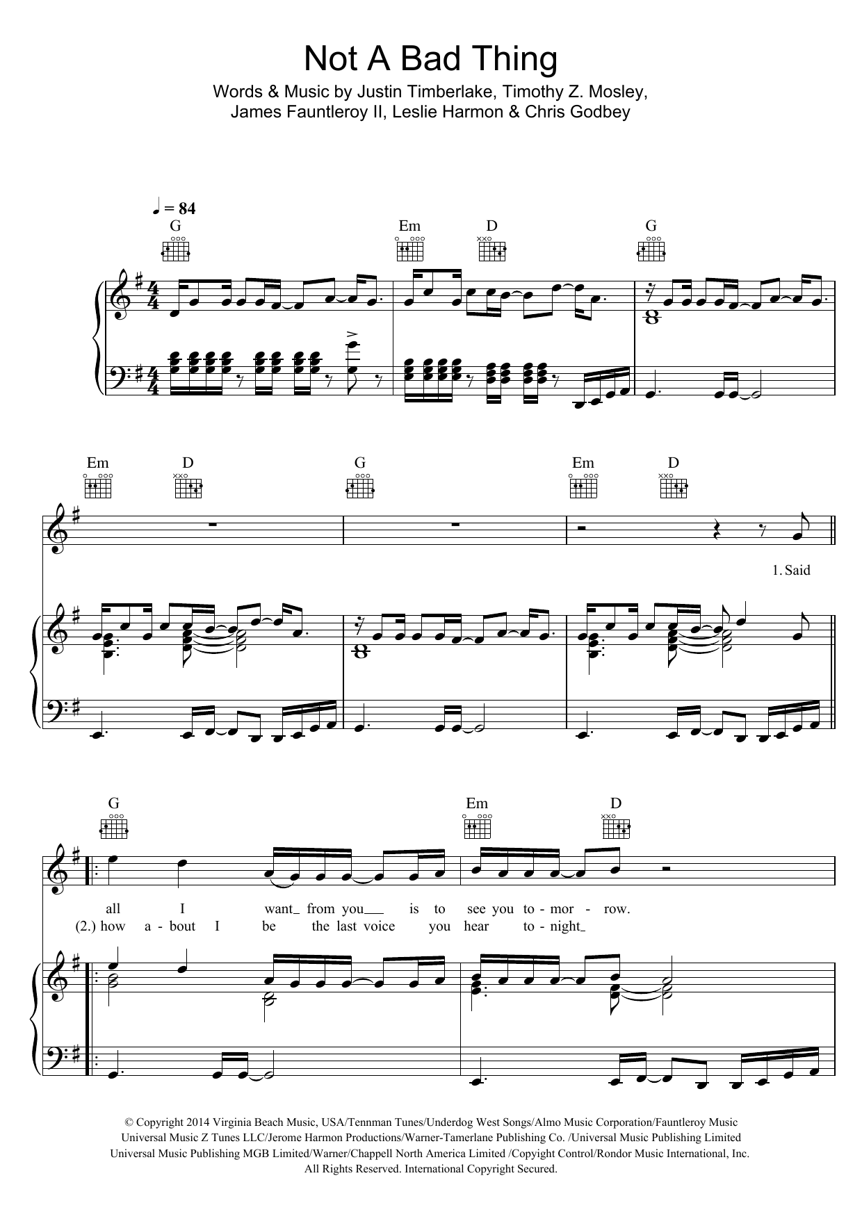 Justin Timberlake Not A Bad Thing sheet music notes and chords arranged for Piano, Vocal & Guitar Chords