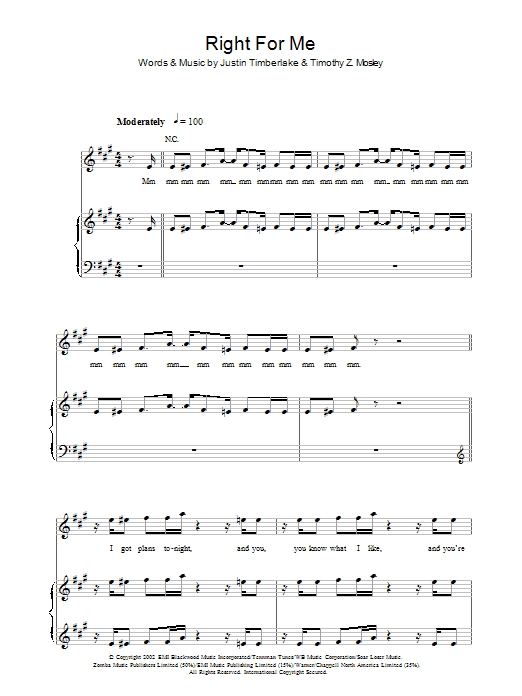 Justin Timberlake Right For Me sheet music notes and chords arranged for Piano, Vocal & Guitar Chords