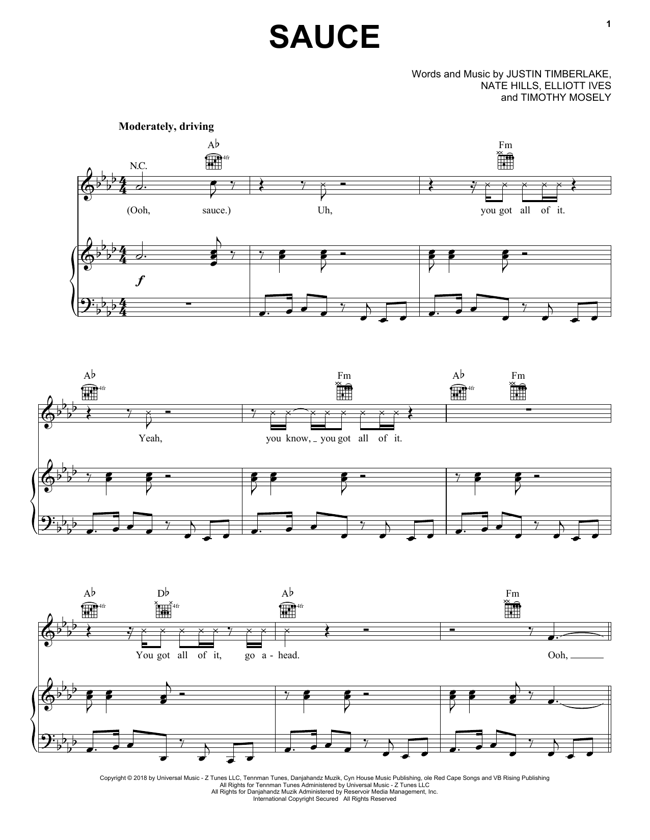 Justin Timberlake Sauce sheet music notes and chords arranged for Piano, Vocal & Guitar Chords (Right-Hand Melody)