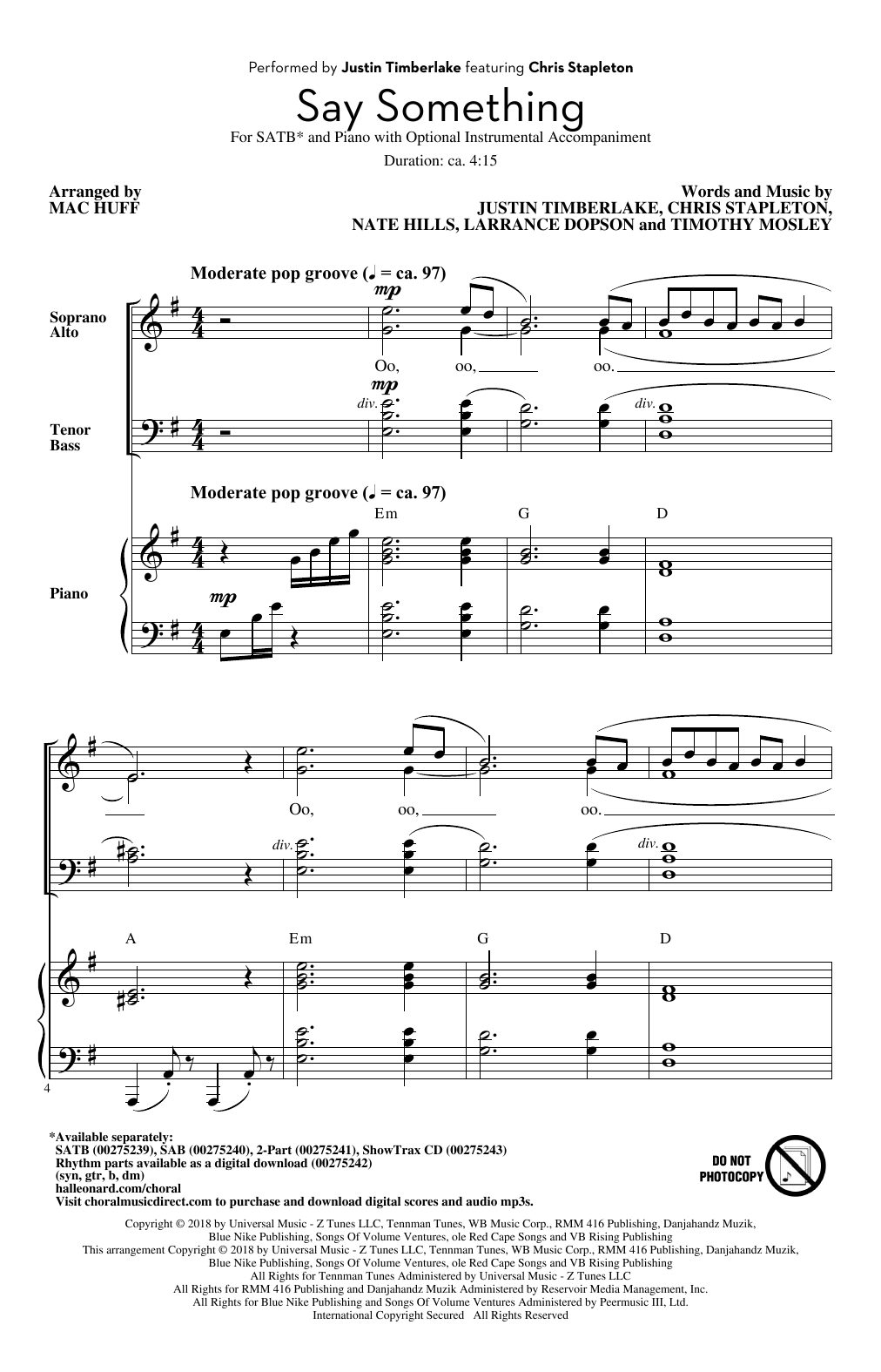 Justin Timberlake Say Something (feat. Chris Stapleton) (arr. Mac Huff) sheet music notes and chords arranged for SAB Choir