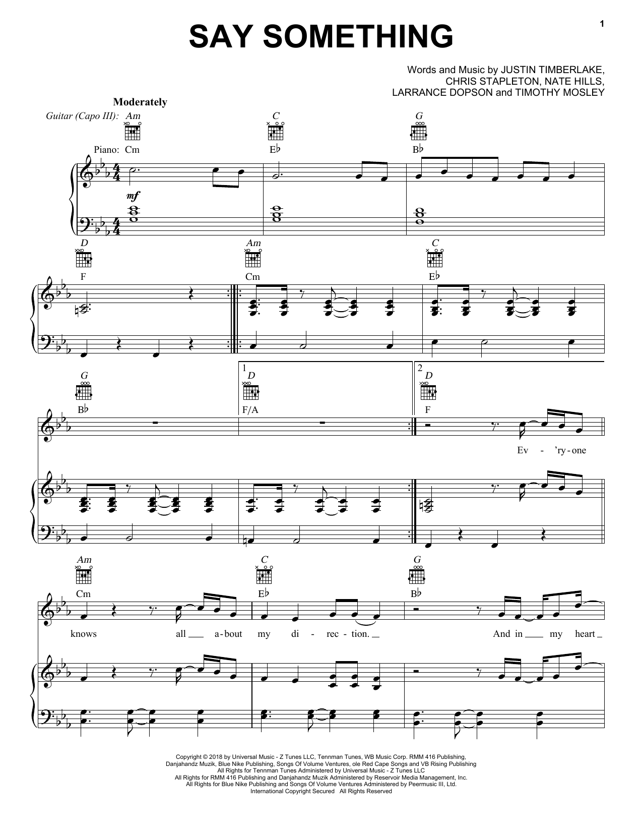 Justin Timberlake Say Something (feat. Chris Stapleton) sheet music notes and chords arranged for Piano, Vocal & Guitar Chords (Right-Hand Melody)