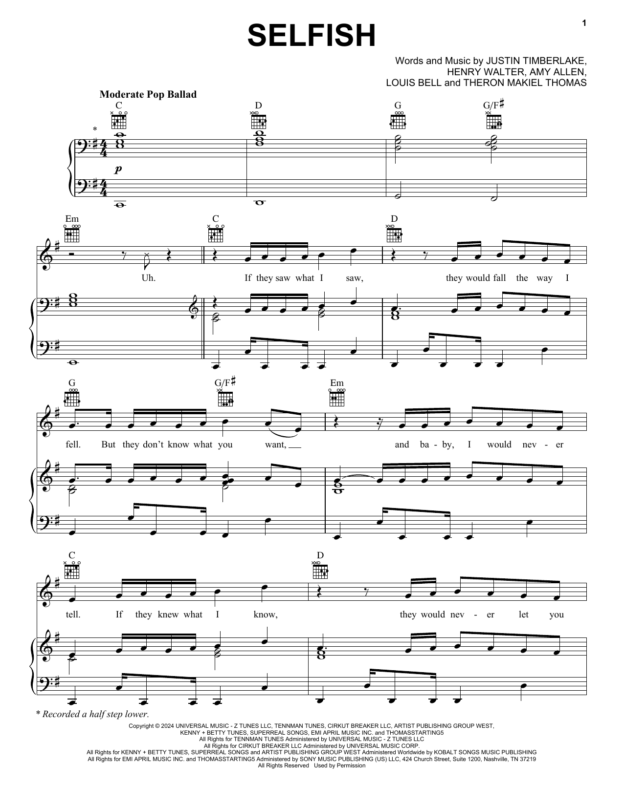 Justin Timberlake Selfish sheet music notes and chords arranged for Piano, Vocal & Guitar Chords (Right-Hand Melody)