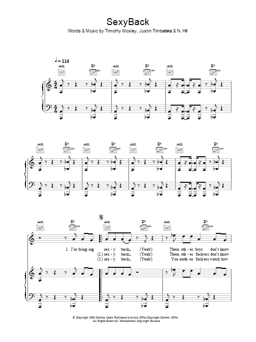 Justin Timberlake SexyBack sheet music notes and chords arranged for Piano, Vocal & Guitar Chords (Right-Hand Melody)