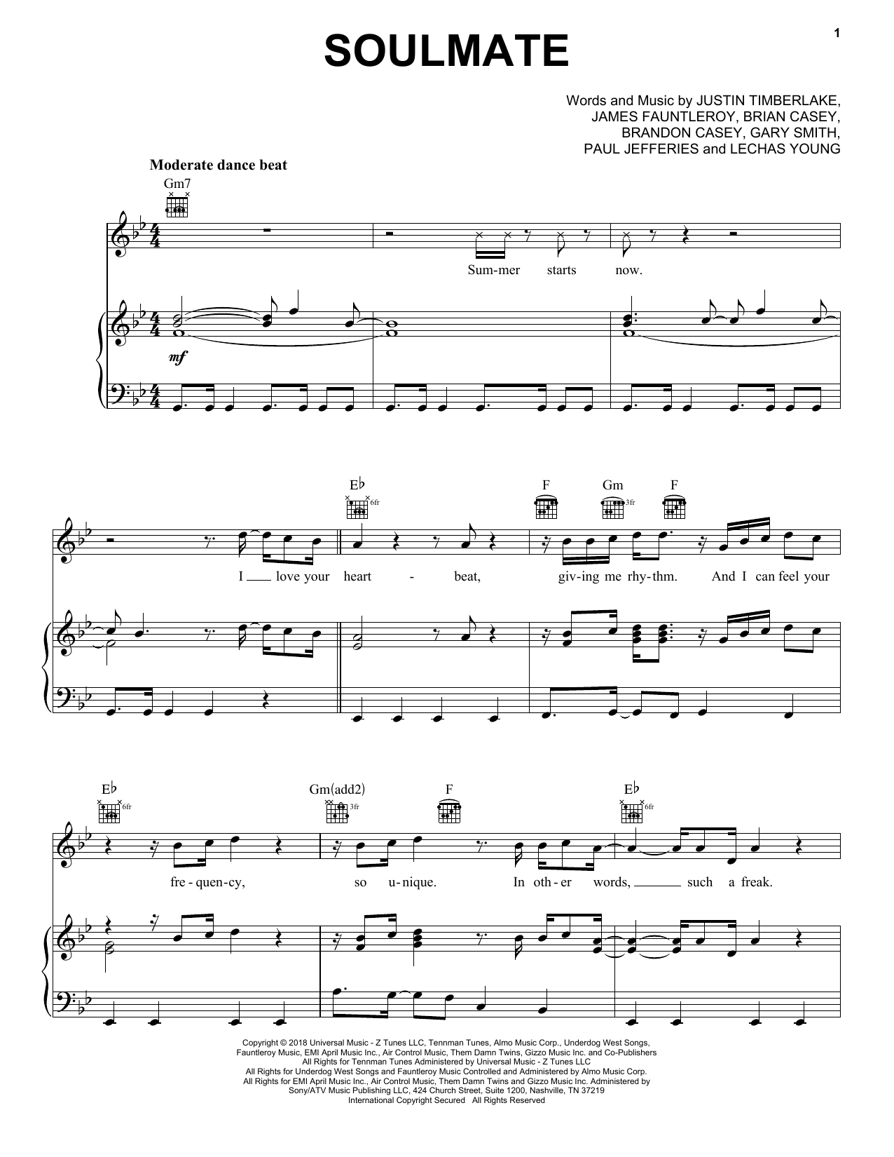 Justin Timberlake SoulMate sheet music notes and chords arranged for Piano, Vocal & Guitar Chords (Right-Hand Melody)