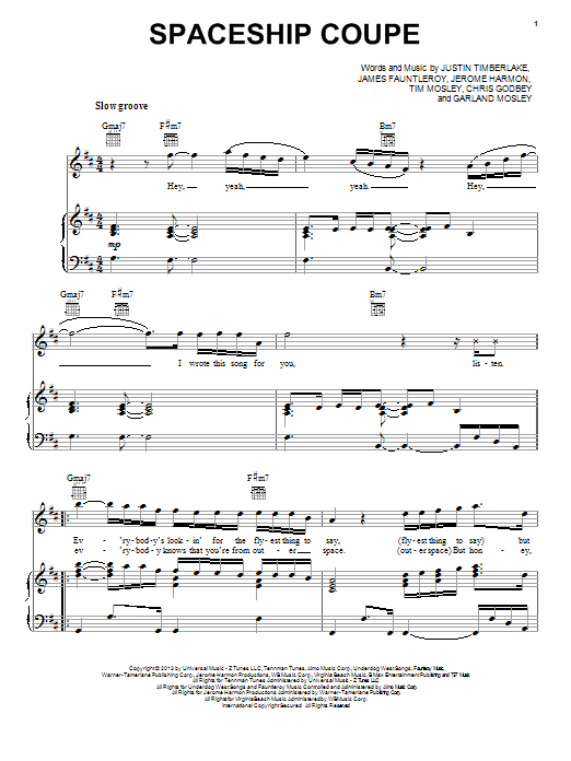 Justin Timberlake Spaceship Coupe sheet music notes and chords arranged for Piano, Vocal & Guitar Chords (Right-Hand Melody)
