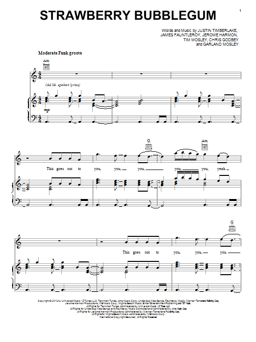 Justin Timberlake Strawberry Bubblegum sheet music notes and chords arranged for Piano, Vocal & Guitar Chords (Right-Hand Melody)