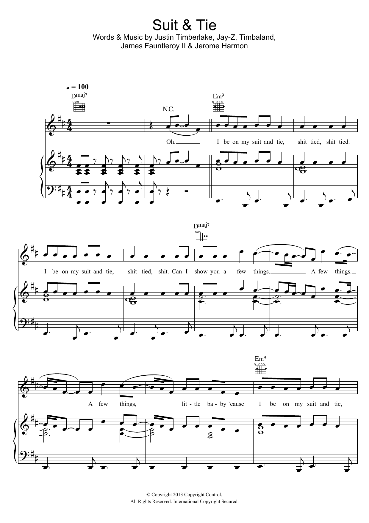 Justin Timberlake Suit and Tie (featuring Jay-Z) sheet music notes and chords arranged for Piano, Vocal & Guitar Chords