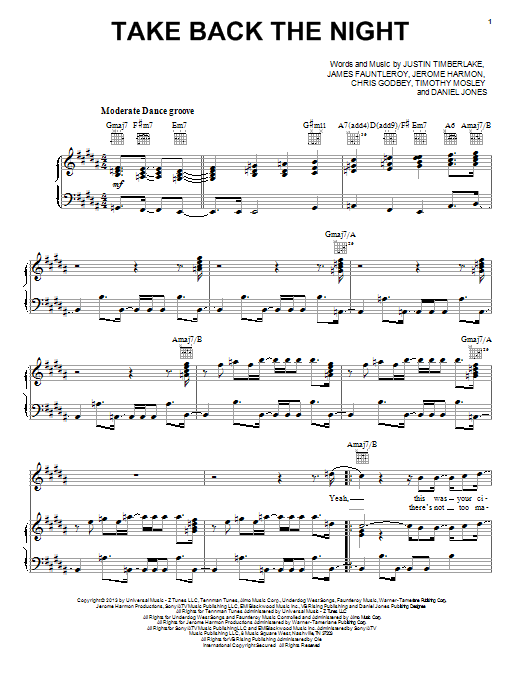 Justin Timberlake Take Back The Night sheet music notes and chords arranged for Piano, Vocal & Guitar Chords (Right-Hand Melody)
