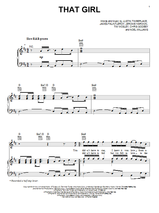 Justin Timberlake That Girl sheet music notes and chords arranged for Piano, Vocal & Guitar Chords (Right-Hand Melody)