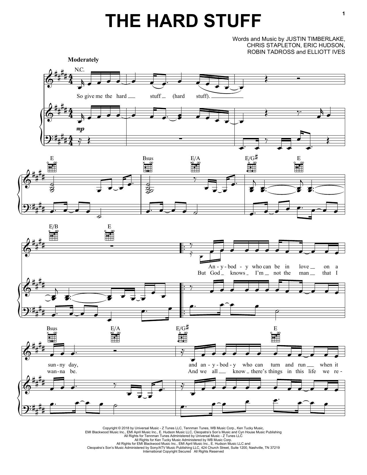 Justin Timberlake The Hard Stuff sheet music notes and chords arranged for Piano, Vocal & Guitar Chords (Right-Hand Melody)