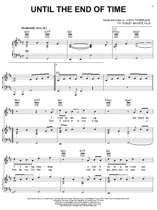 Justin Timberlake Until The End Of Time sheet music notes and chords arranged for Piano, Vocal & Guitar Chords (Right-Hand Melody)