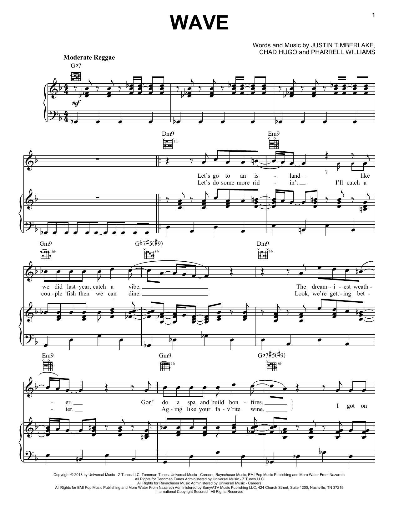 Justin Timberlake Wave sheet music notes and chords arranged for Piano, Vocal & Guitar Chords (Right-Hand Melody)