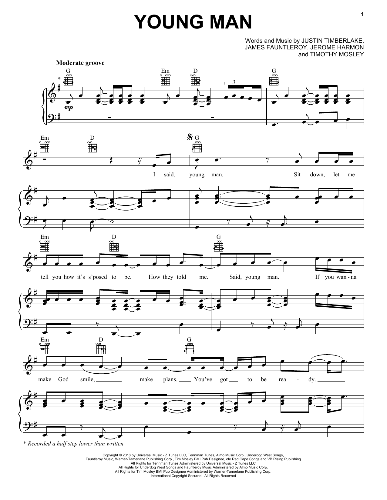 Justin Timberlake Young Man sheet music notes and chords arranged for Piano, Vocal & Guitar Chords (Right-Hand Melody)