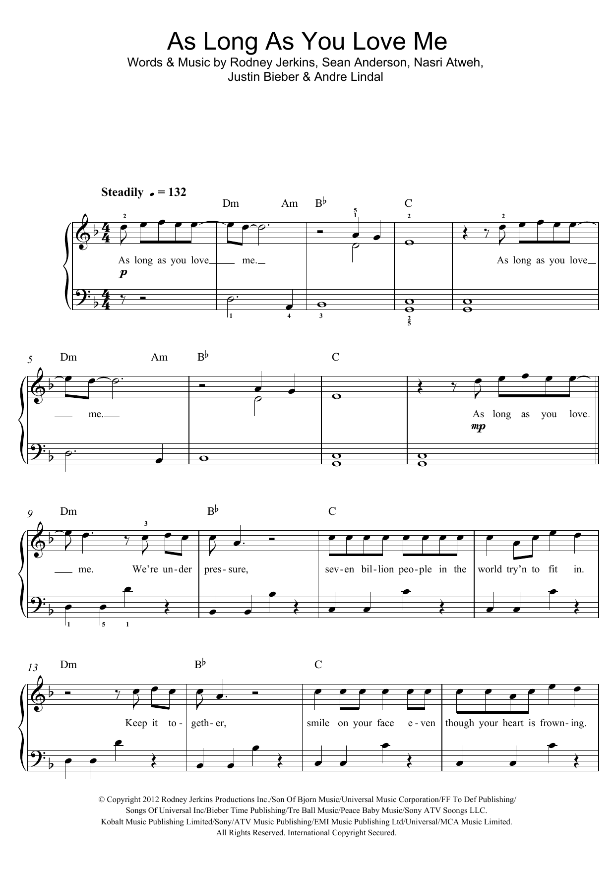 Justin Bieber As Long As You Love Me (featuring Big Sean) sheet music notes and chords arranged for Piano, Vocal & Guitar Chords